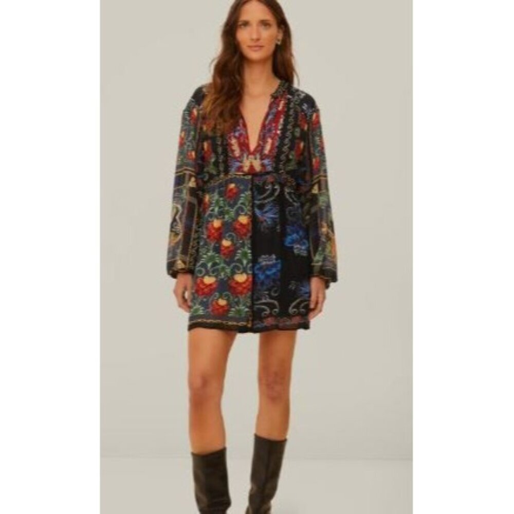 Farm Rio Arabesque Scarves Women's Mini Dress Long Sleeve Viscose Small Boho